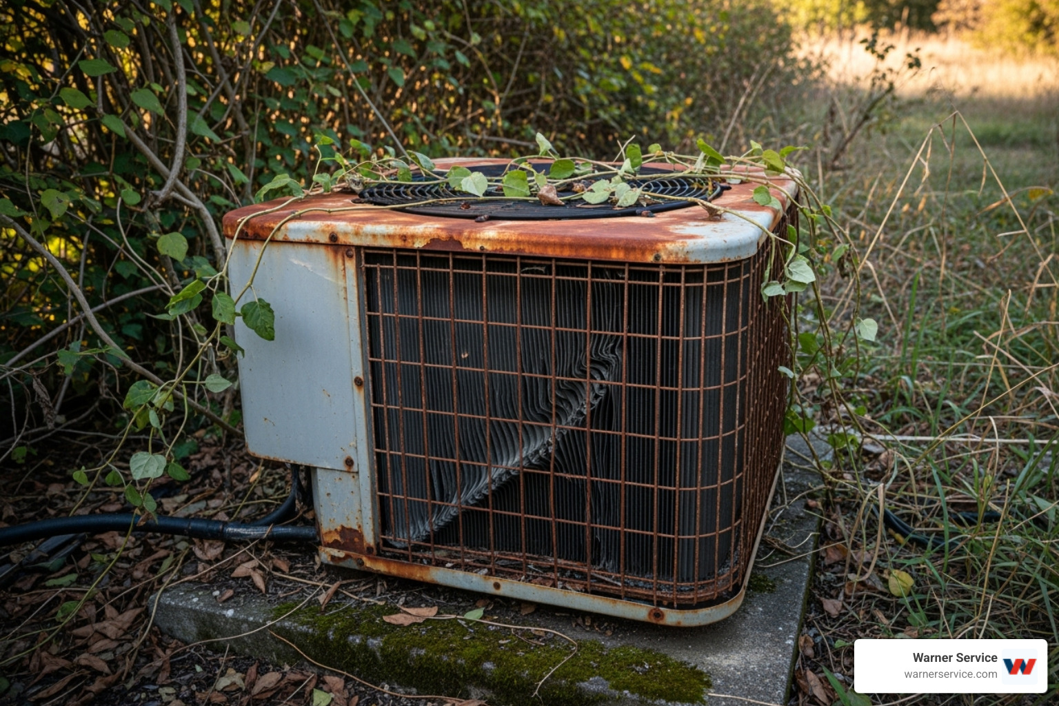 An old, weathered outdoor AC unit with rust and overgrown foliage around it - ac unit replacement frederick md