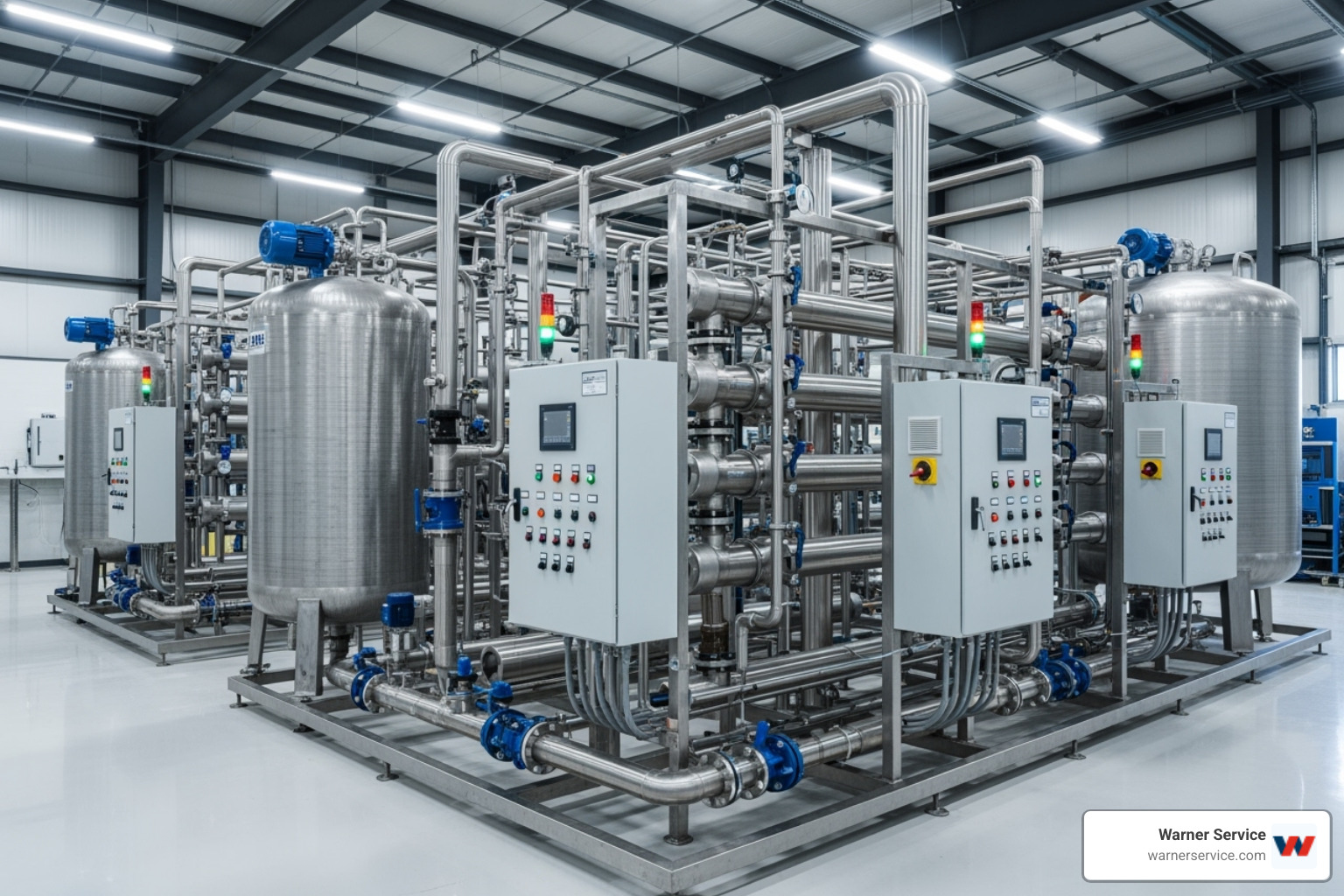 A large-scale commercial reverse osmosis system with multiple tanks and complex piping in an industrial setting - commercial water treatment frederick md
