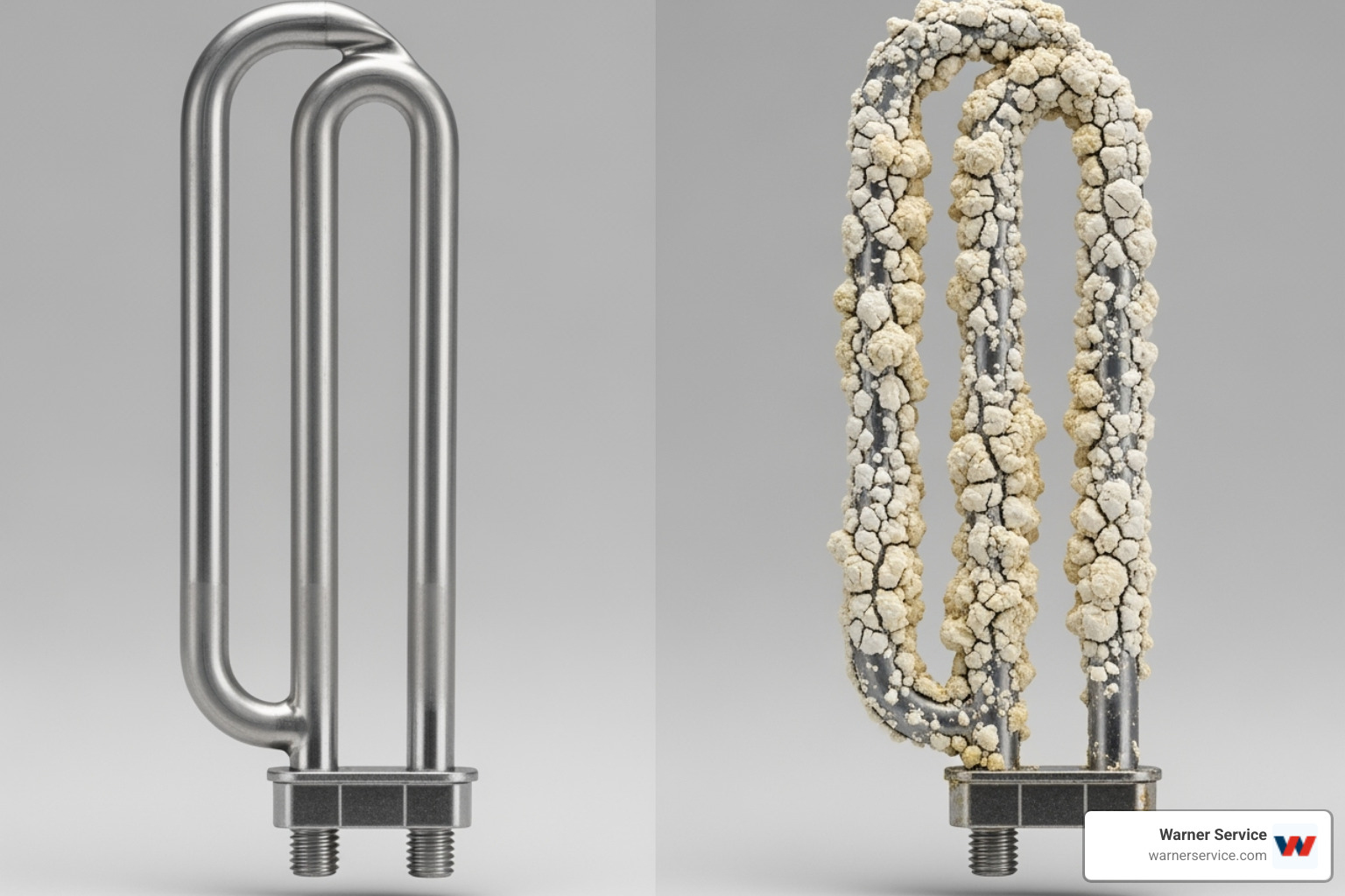 A side-by-side comparison of a clean water heater element next to one heavily encrusted with limescale and mineral deposits - commercial water treatment frederick md