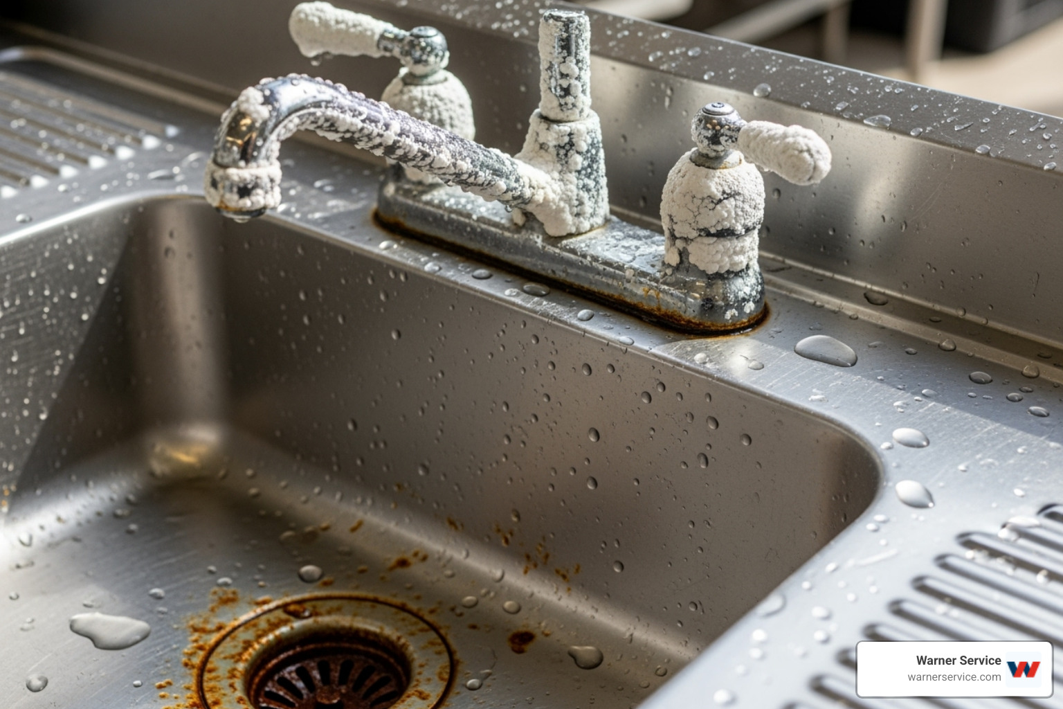Rust-stained commercial sink with a limescale-covered faucet - commercial water treatment frederick md