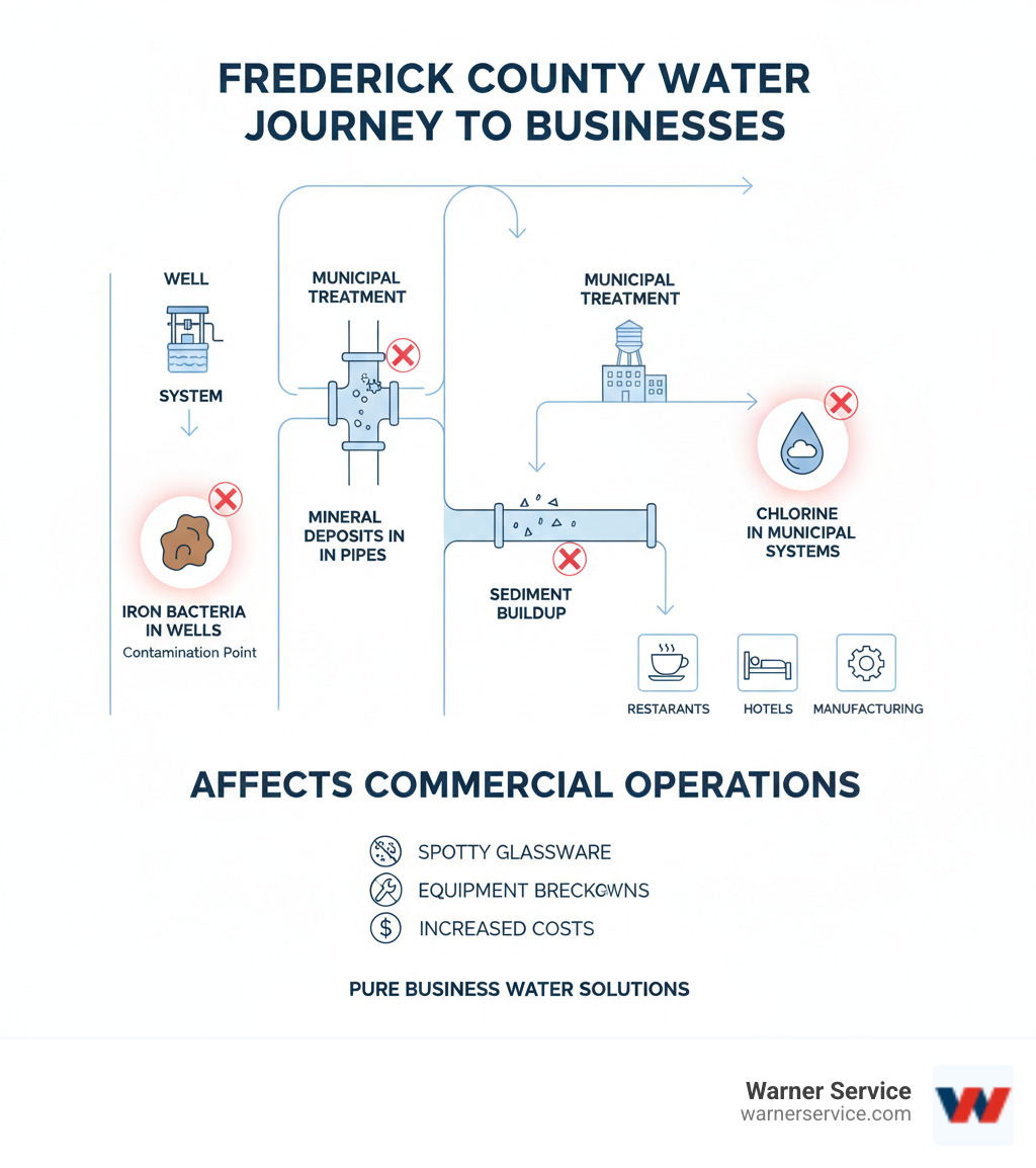 Infographic showing the journey of water from Frederick County sources through municipal treatment or well systems to businesses, highlighting common contamination points including iron bacteria in wells, mineral deposits in pipes, chlorine in municipal systems, and sediment buildup that can affect commercial operations - commercial water treatment frederick md infographic 