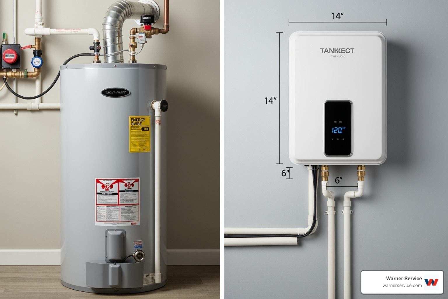 Standard tank water heater next to a modern tankless unit - water heater financing leesburg va