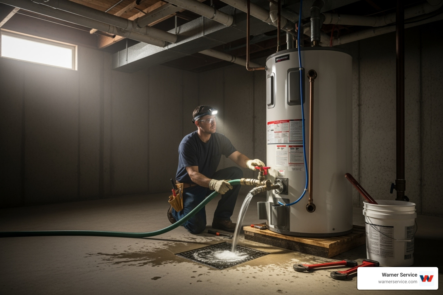 professional technician flushing a water heater tank - electric water heater frederick md