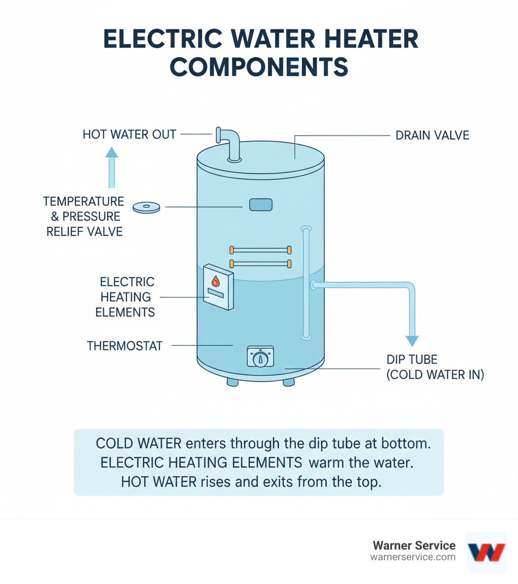 Infographic showing the basic components of an electric storage tank water heater including the tank, heating elements, thermostat, temperature and pressure relief valve, dip tube, and drain valve, with labels explaining how cold water enters through the dip tube, gets heated by electric elements, and hot water exits from the top - electric water heater frederick md infographic 