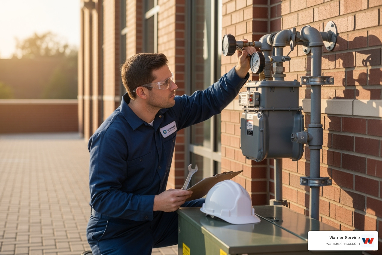 Technician performing a scheduled maintenance check on a commercial gas meter - commercial gas line frederick md