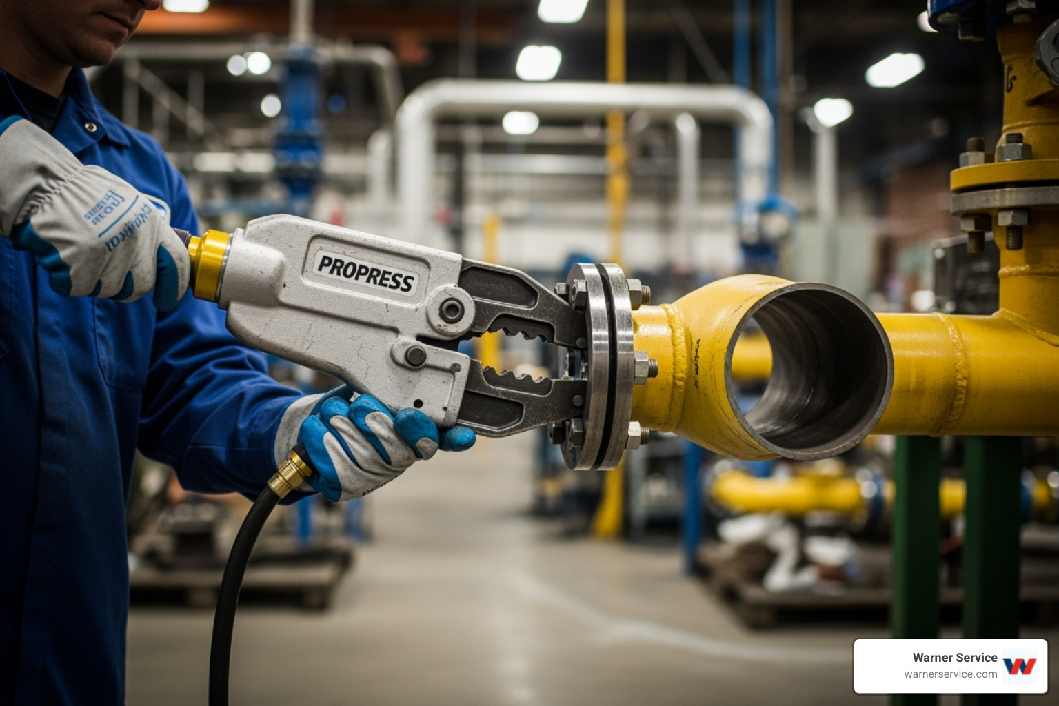 Technician using a ProPress system on a large-diameter commercial gas pipe - commercial gas line frederick md