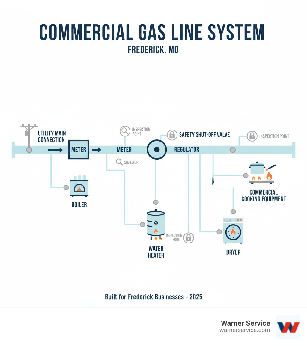 Infographic showing the complete commercial gas line system flow from the utility main connection through the meter, regulator, and distribution piping to various commercial appliances including boilers, commercial cooking equipment, water heaters, and dryers, with safety shut-off valves and inspection points clearly marked - commercial gas line frederick md infographic 