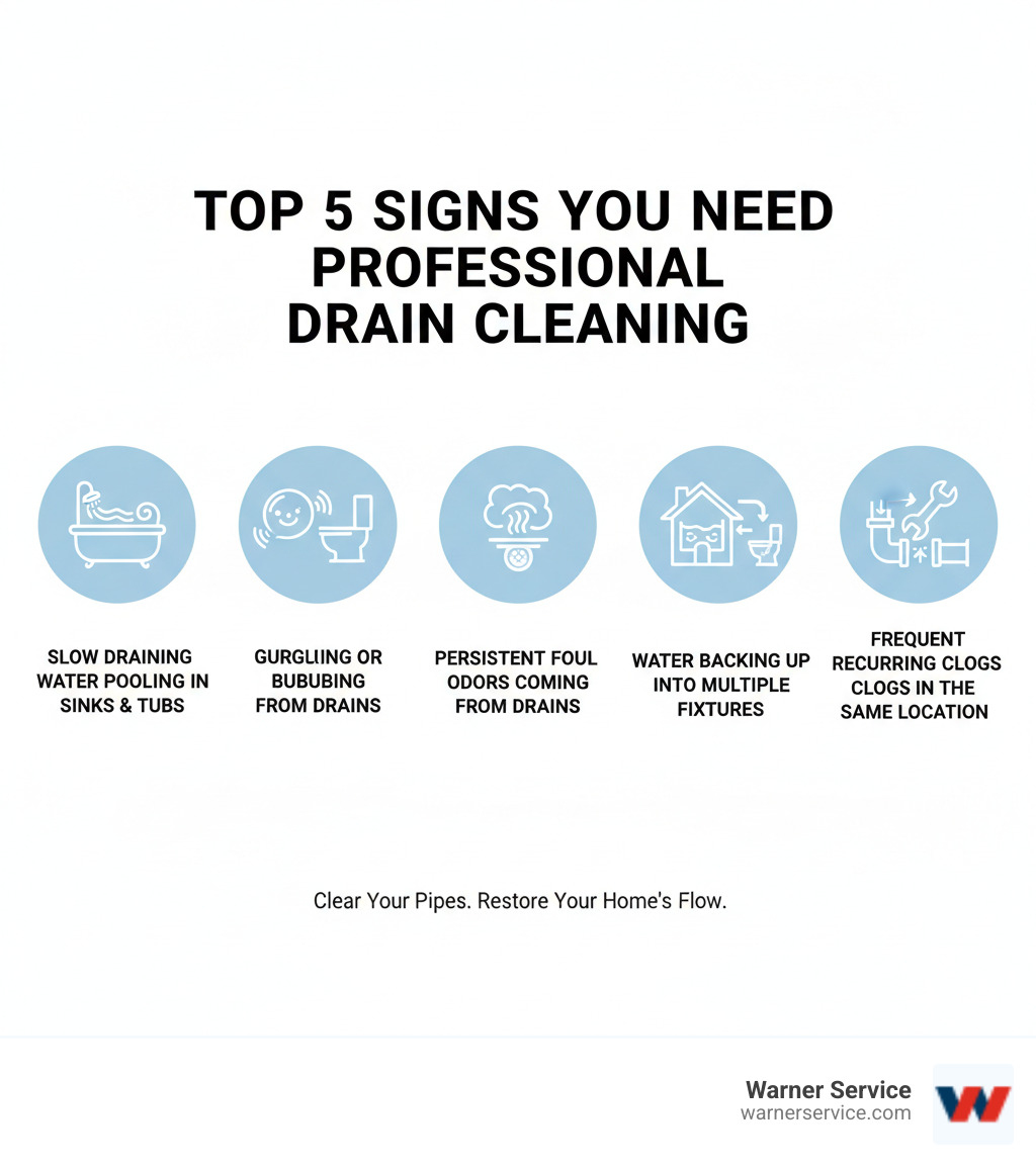 Infographic showing the top 5 signs you need professional drain cleaning: slow draining water pooling in sinks and tubs, gurgling or bubbling sounds from drains and toilets, persistent foul odors coming from drains, water backing up into multiple fixtures, and frequent recurring clogs in the same location - drain cleaning company frederick md infographic 