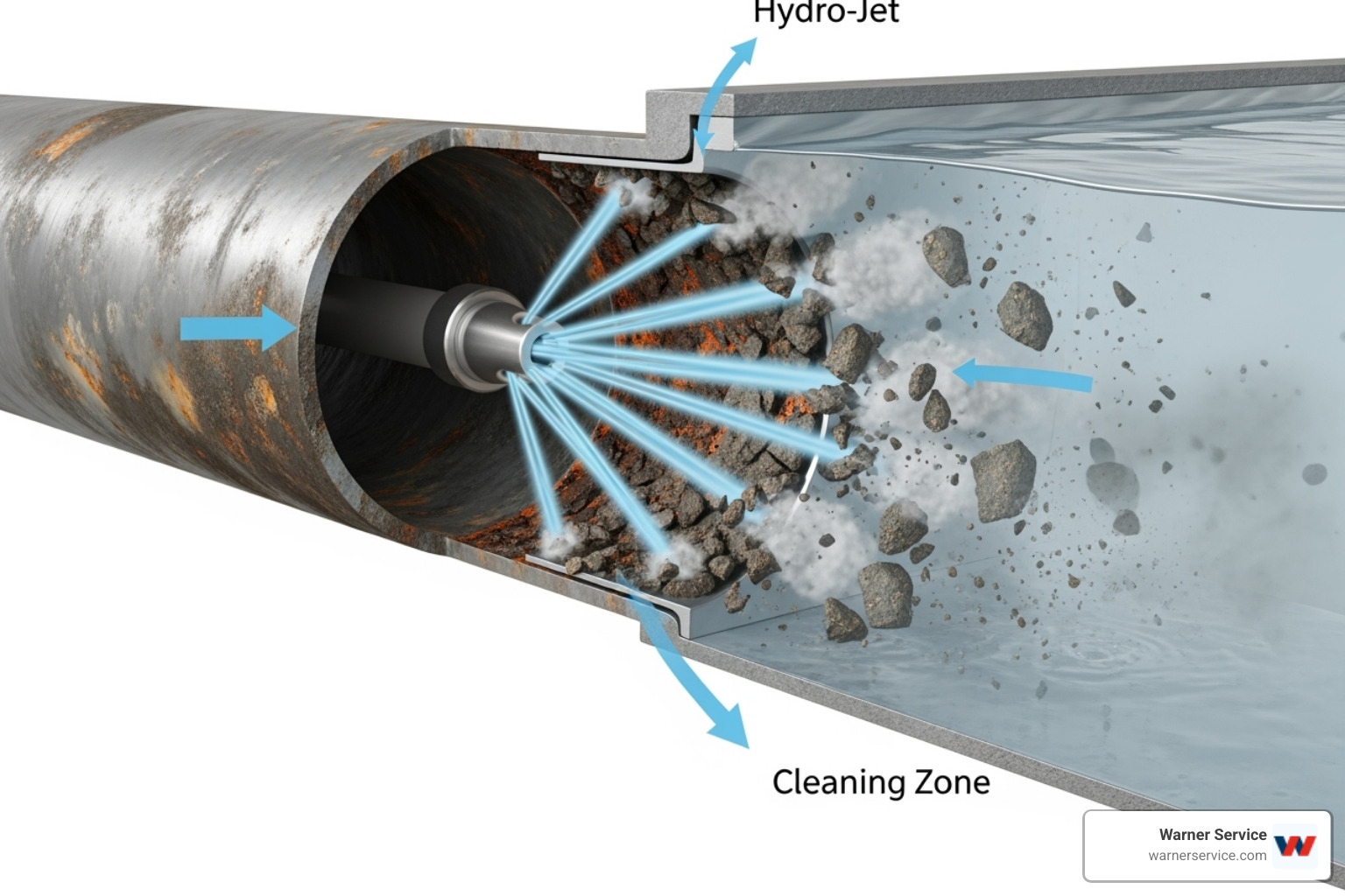 diagram of how hydro-jetting scours the inside of a pipe - drain cleaning company frederick md