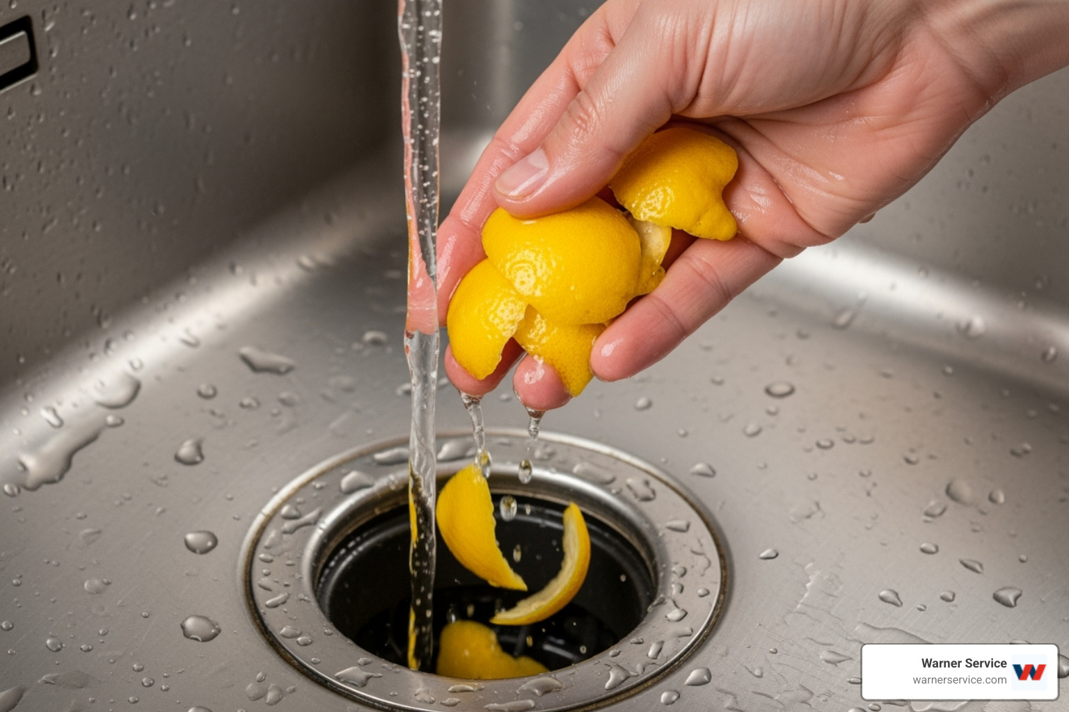 hand dropping citrus peels into a garbage disposal - garbage disposal repair frederick md