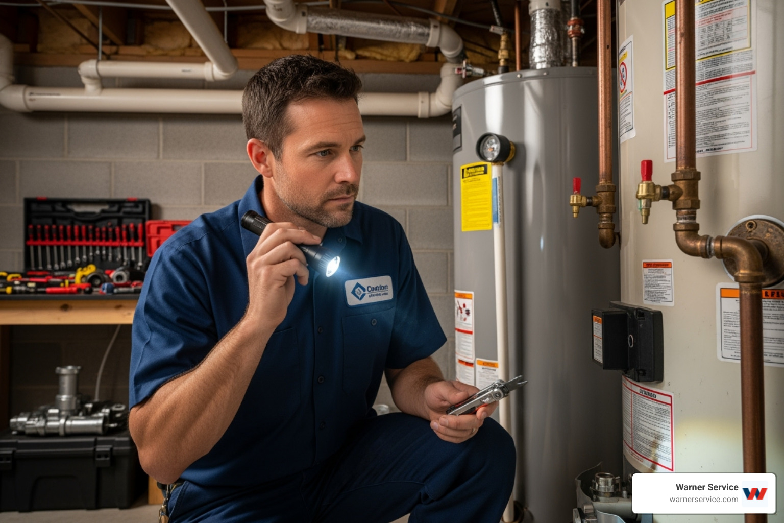 technician inspecting a water heater - affordable plumbing service in walkersville md