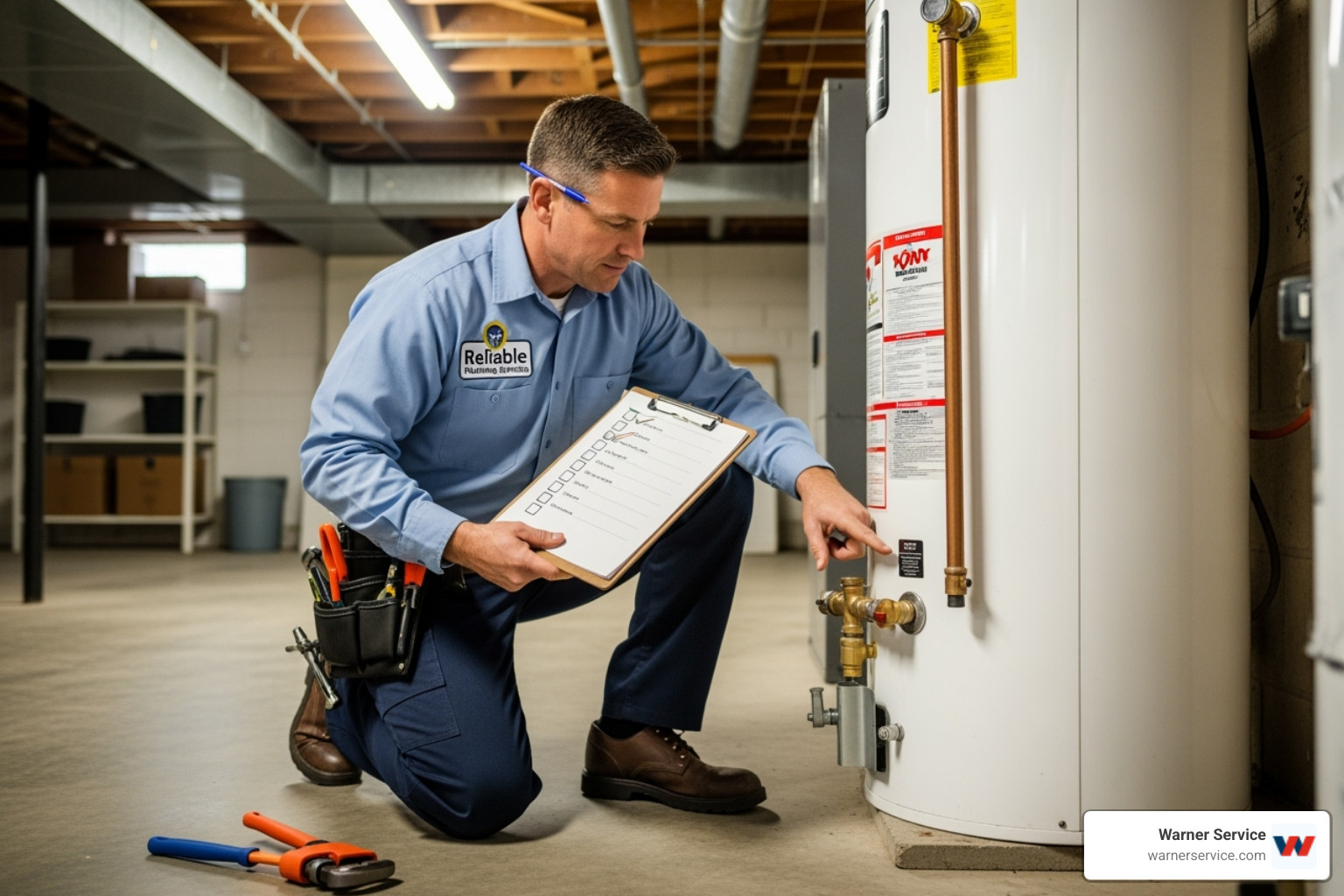 a licensed plumber inspecting a water heater with a checklist - plumbing tune-up in new market md