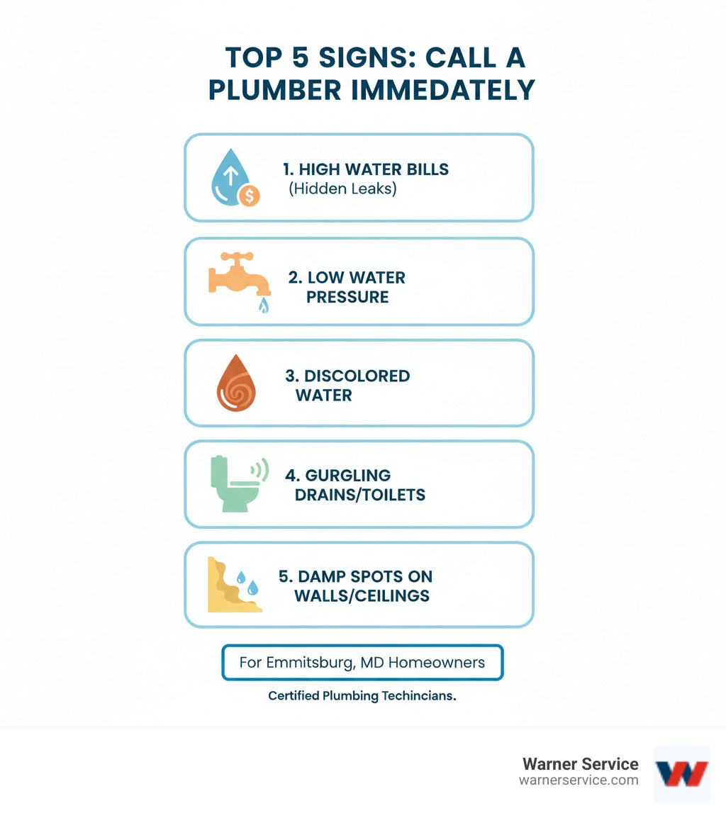 Infographic showing the top 5 signs you need to call a certified plumber immediately: 1) Unexplained high water bills indicating hidden leaks, 2) Low water pressure throughout your home, 3) Discolored or rust-colored water from faucets, 4) Gurgling sounds from drains or toilets, 5) Damp spots or water stains on walls and ceilings - certified plumbing technician in emmitsburg md infographic 
