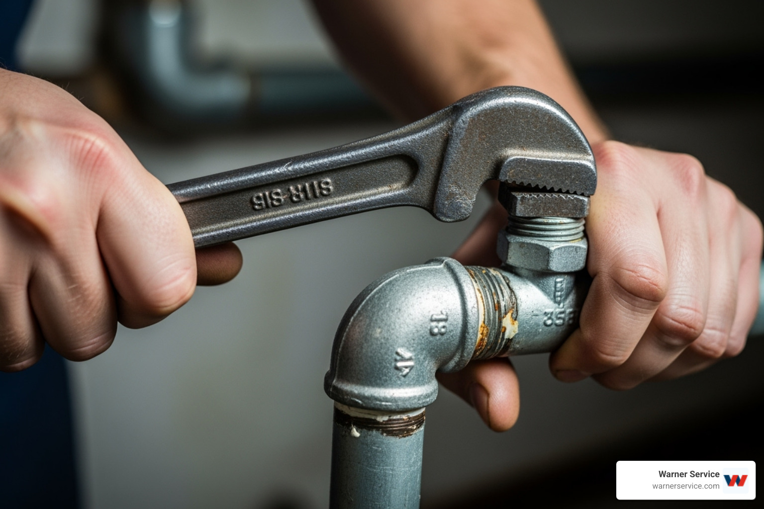 close-up on a plumber's hands skillfully tightening a pipe fitting - certified plumbing technician in emmitsburg md