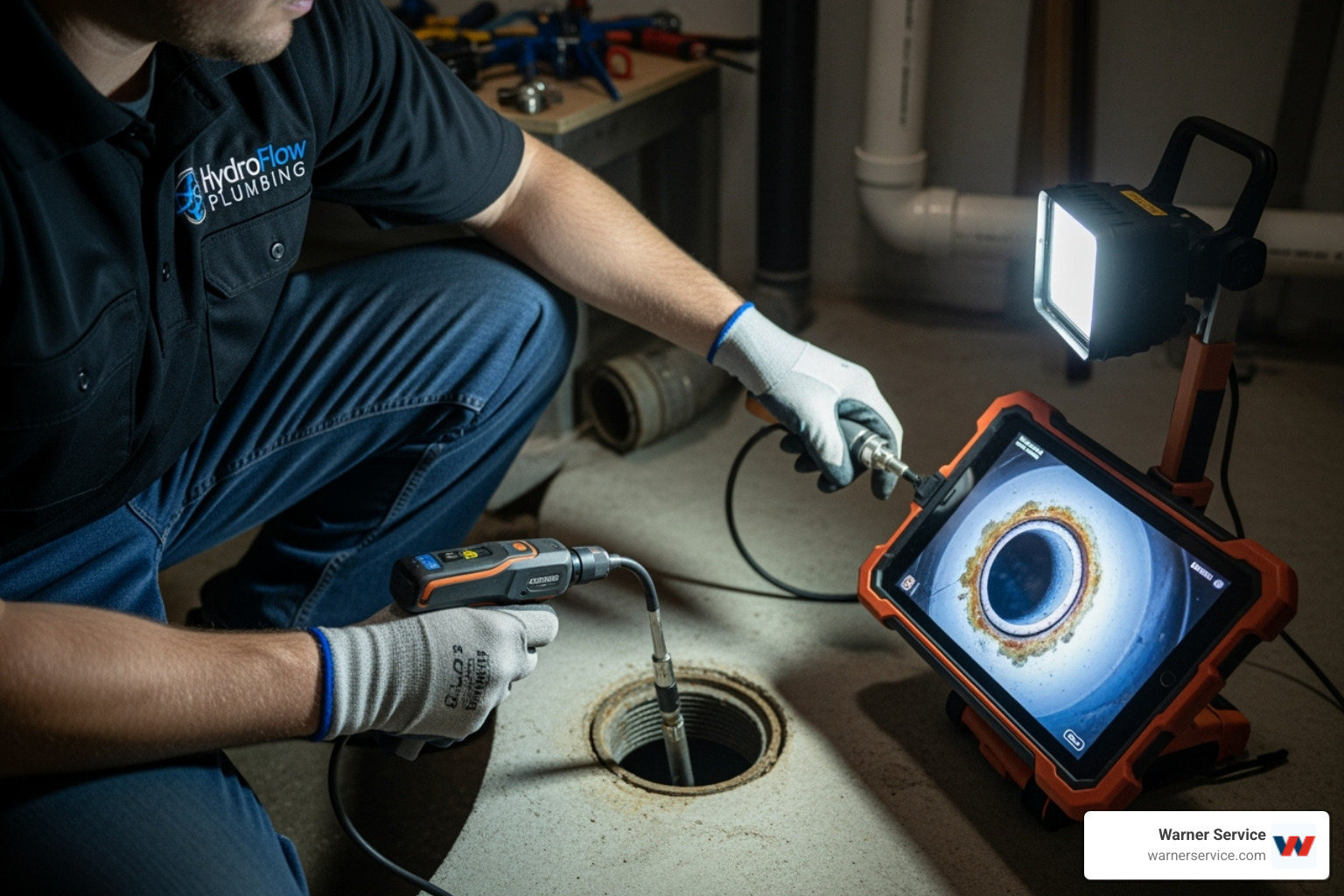 technician using a video camera inspection tool in a drain - certified plumbing technician in emmitsburg md