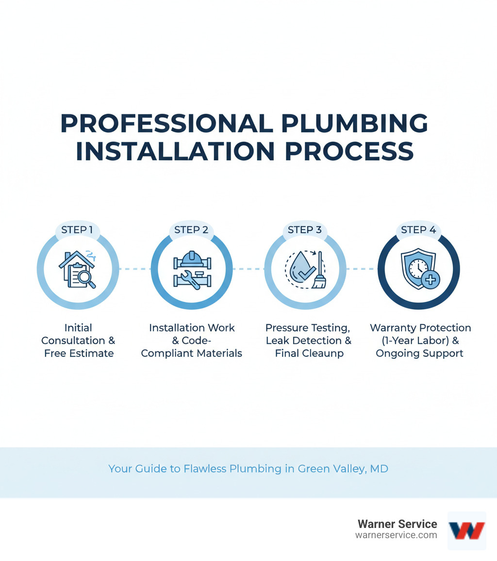Infographic showing the professional plumbing installation process: Step 1 - Initial consultation and free estimate with home assessment; Step 2 - Installation work using code-compliant materials and proper techniques; Step 3 - Pressure testing, leak detection, and final walk-through with cleanup; Step 4 - Warranty protection (typically 1 year on labor) and ongoing support - affordable plumbing installation in green valley md infographic 