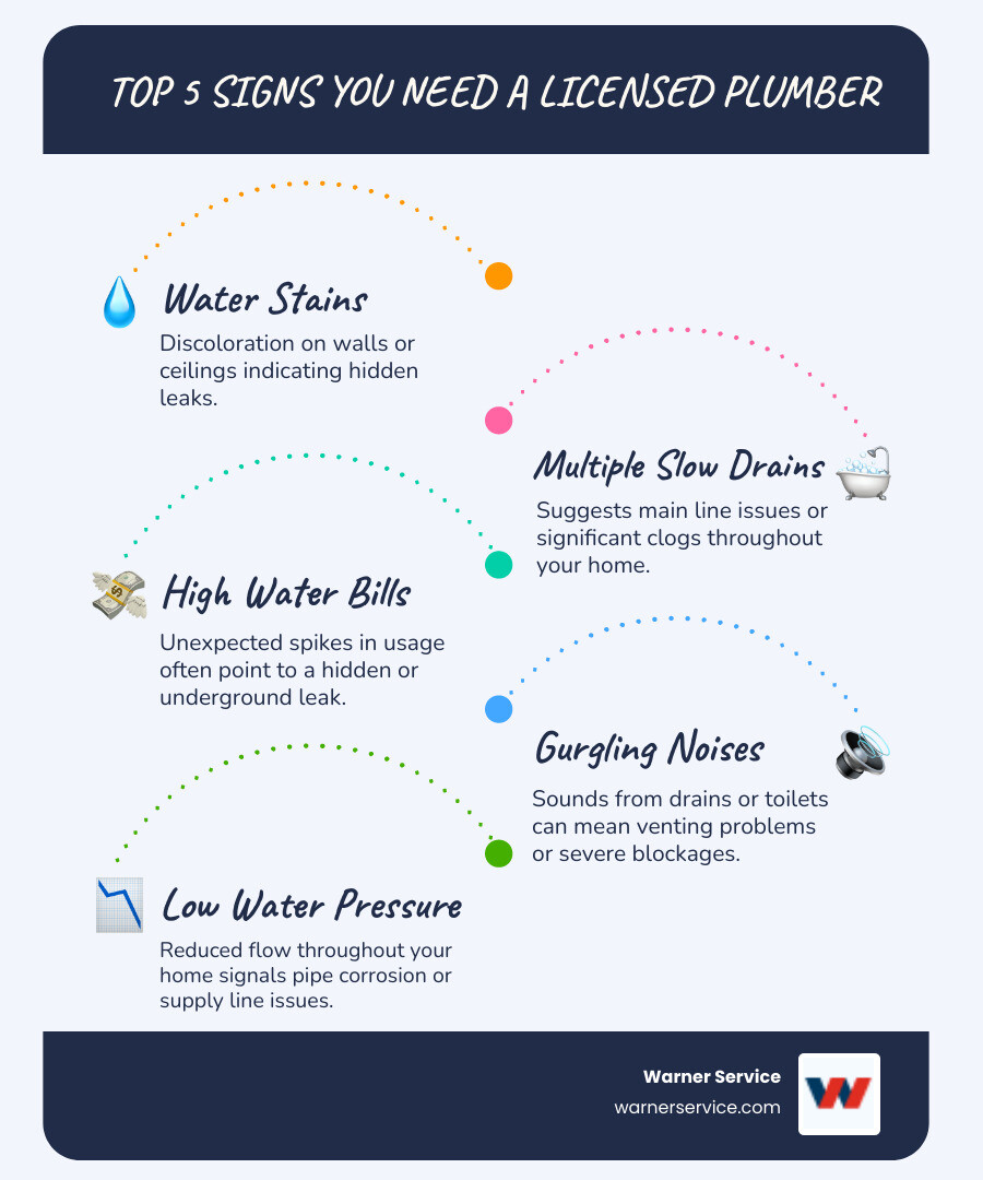 Infographic showing the top 5 signs you need to call a licensed plumber: 1) Water stains or discoloration on walls and ceilings indicating hidden leaks, 2) Multiple slow drains throughout the house suggesting main line issues, 3) Unusually high water bills pointing to underground leaks, 4) Gurgling sounds from drains or toilets indicating venting or blockage problems, 5) Low water pressure throughout the home signaling pipe corrosion or supply line issues - licensed plumbing contractor in middletown md infographic infographic-line-5-steps-blues-accent_colors