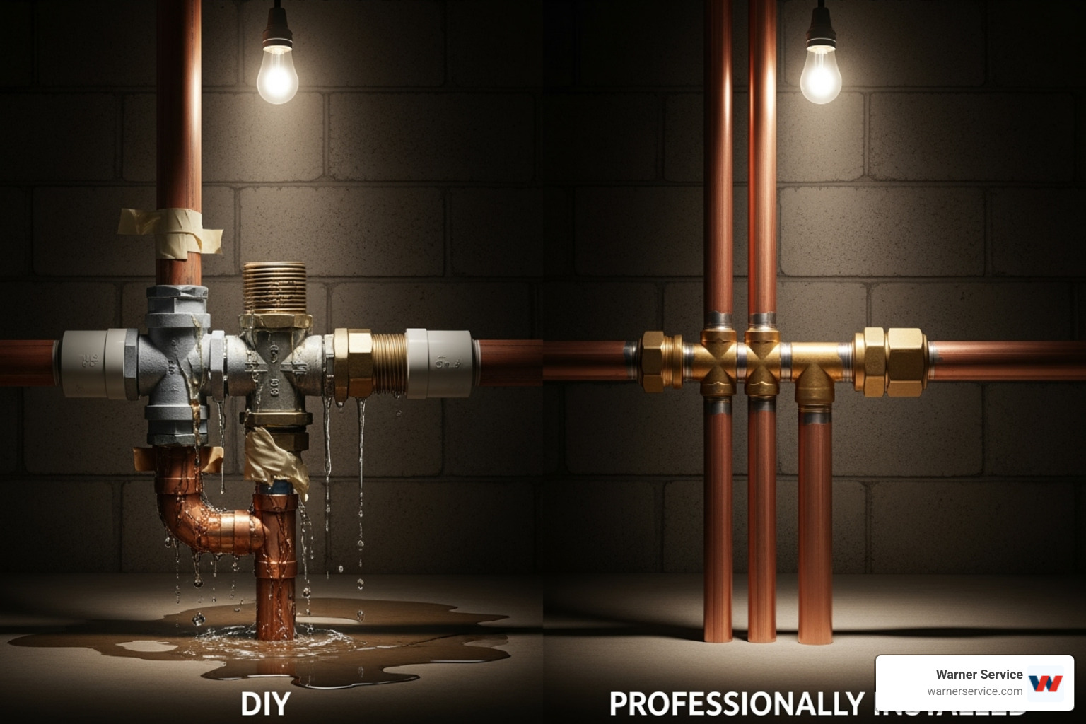 A side-by-side image contrasting a messy, leaking DIY pipe fitting with a clean, professionally installed pipe. - affordable plumbing installation in ijamsville md