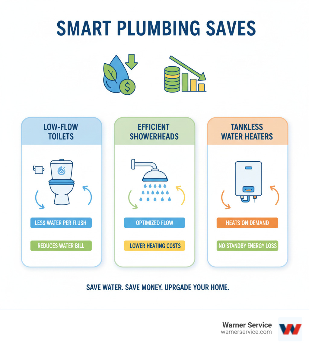 Infographic illustrating how modern plumbing fixtures like low-flow toilets, efficient showerheads, and tankless water heaters save water and money on utility bills. - affordable plumbing installation in ijamsville md infographic 