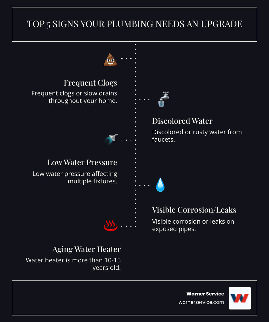 Infographic showing: Top 5 Signs Your Plumbing Needs an Upgrade - 1. Frequent clogs or slow drains throughout your home, 2. Discolored or rusty water from faucets, 3. Low water pressure affecting multiple fixtures, 4. Visible corrosion or leaks on exposed pipes, 5. Water heater is more than 10-15 years old - affordable plumbing installation in ijamsville md infographic infographic-line-5-steps-dark