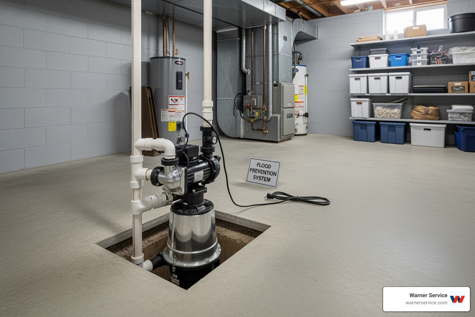 A neatly installed sump pump in a clean basement, highlighting its importance for flood prevention. - affordable plumbing installation in ijamsville md