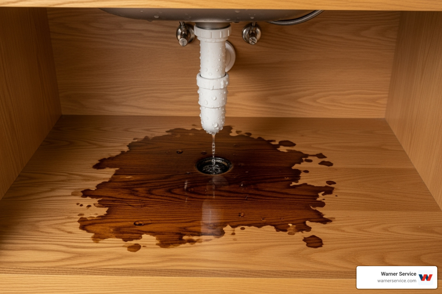 Water damage on a cabinet floor beneath a sink P-trap - drain cleaning making noise in walkersville md