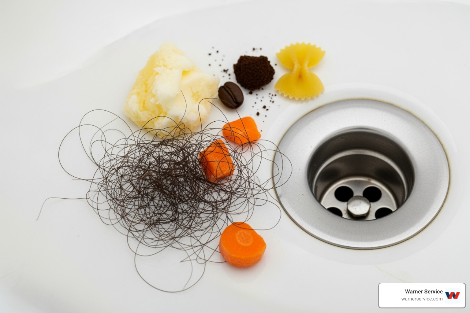 Common clog-causing materials like grease, hair, and food scraps next to a drain - drain cleaning making noise in walkersville md