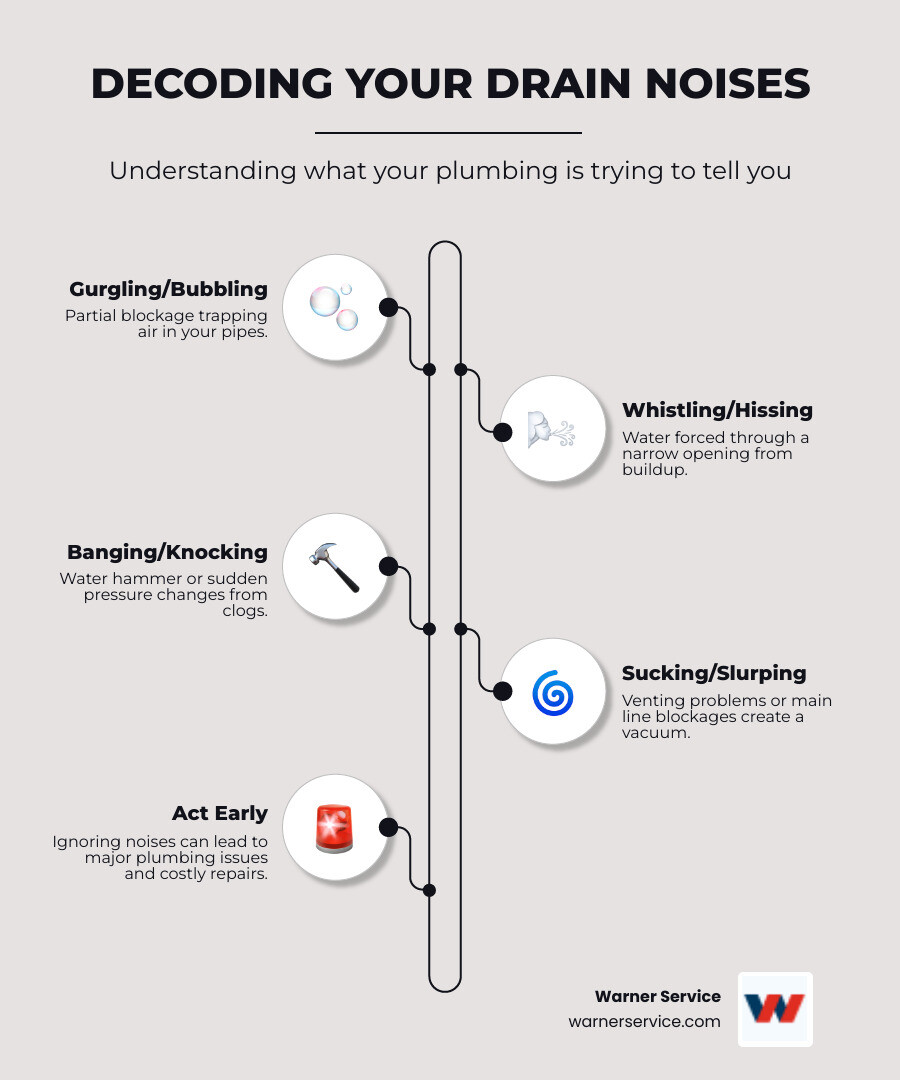 Infographic showing four types of drain noises: Gurgling/Bubbling (caused by trapped air from partial blockages), Whistling/Hissing (water forced through narrow openings), Banging/Knocking (water hammer or pressure changes), and Sucking/Slurping (venting issues or main line clogs) - drain cleaning making noise in walkersville md infographic infographic-line-5-steps-elegant_beige