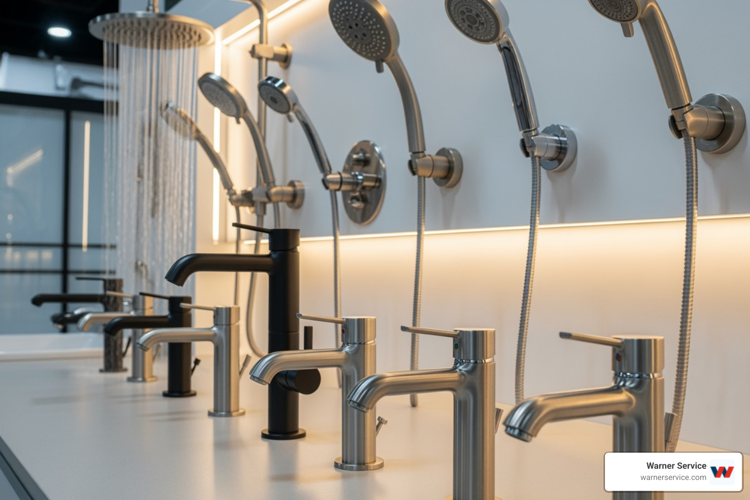 Various modern, water-efficient faucets and showerheads, emphasizing choices for aesthetic and functional planning in new plumbing installations - new plumbing installation in knoxville md