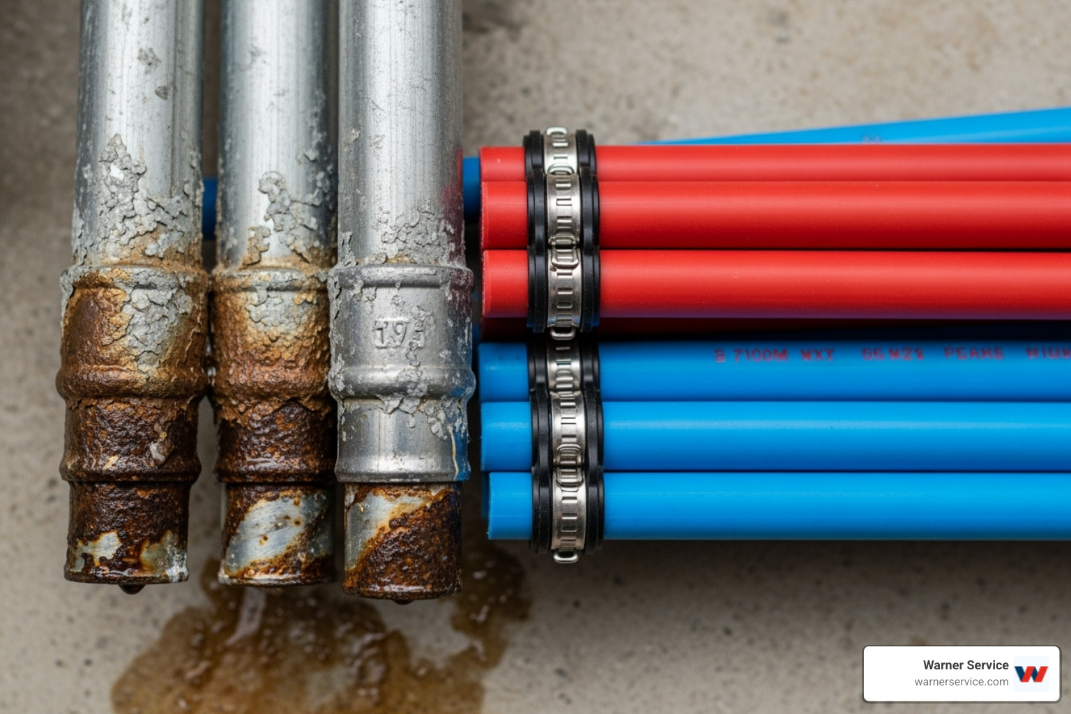 Old, corroded pipes next to new, clean PEX pipes, illustrating the difference between an outdated system and a modern replacement - new plumbing installation in knoxville md