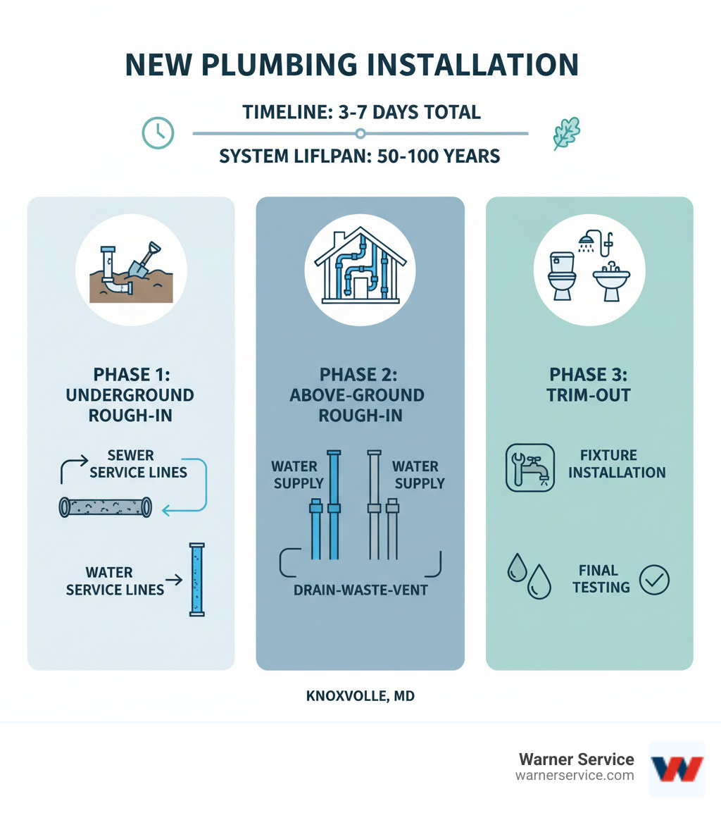 Infographic showing three main phases of new plumbing installation: Phase 1 Underground Rough-In with sewer and water service lines, Phase 2 Above-Ground Rough-In with water supply and drain-waste-vent pipes in walls, and Phase 3 Trim-Out with fixture installation and final testing, including timeline of 3-7 days total and 50-100 year system lifespan - new plumbing installation in knoxville md infographic 