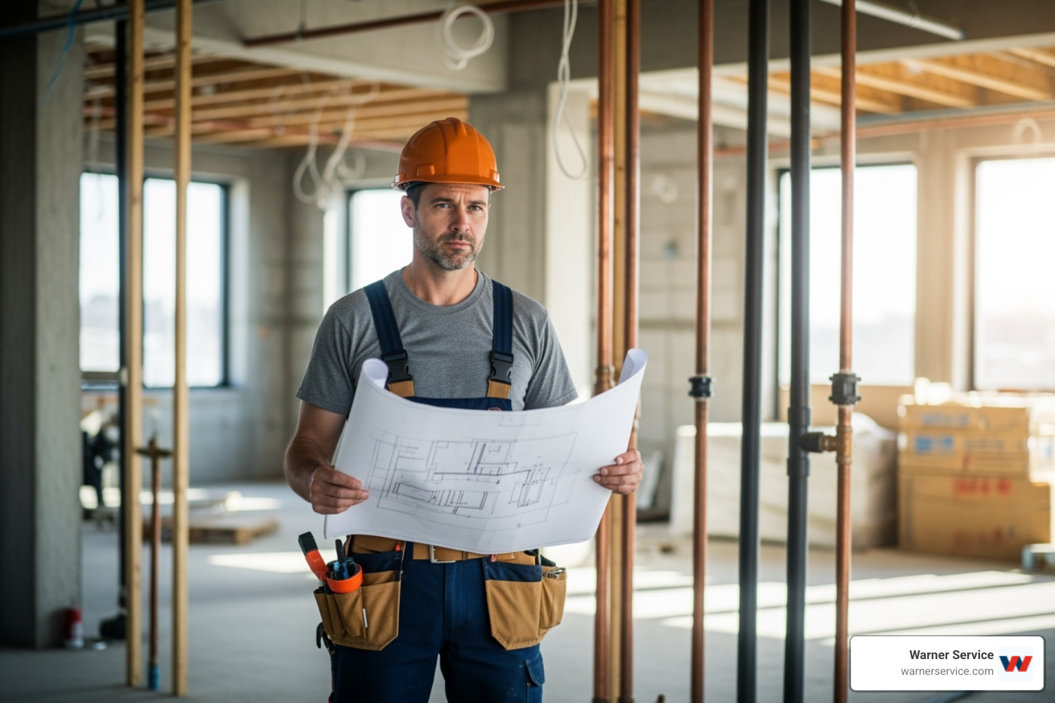 A plumber reviewing blueprints on a construction site, highlighting the planning and execution stages of new plumbing installation - new plumbing installation in knoxville md
