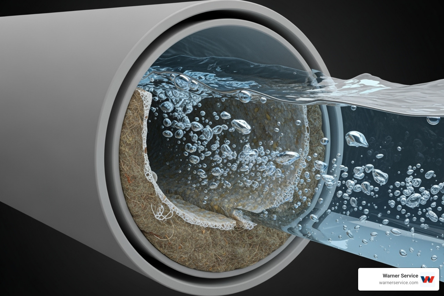 cross-section of a pipe with a partial clog showing trapped air bubbles - drain cleaning making noise in urbana md