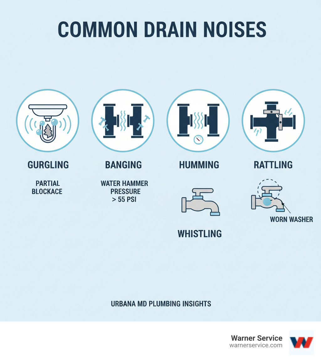 Infographic showing five common drain noises with illustrations: gurgling drain with trapped air bubbles and partial blockage, banging pipes with water hammer effect and pressure waves, humming pipes with vibration lines indicating high water pressure exceeding 55 PSI, whistling faucet with worn washer component highlighted, and rattling pipe with loose mounting bracket - drain cleaning making noise in urbana md infographic 
