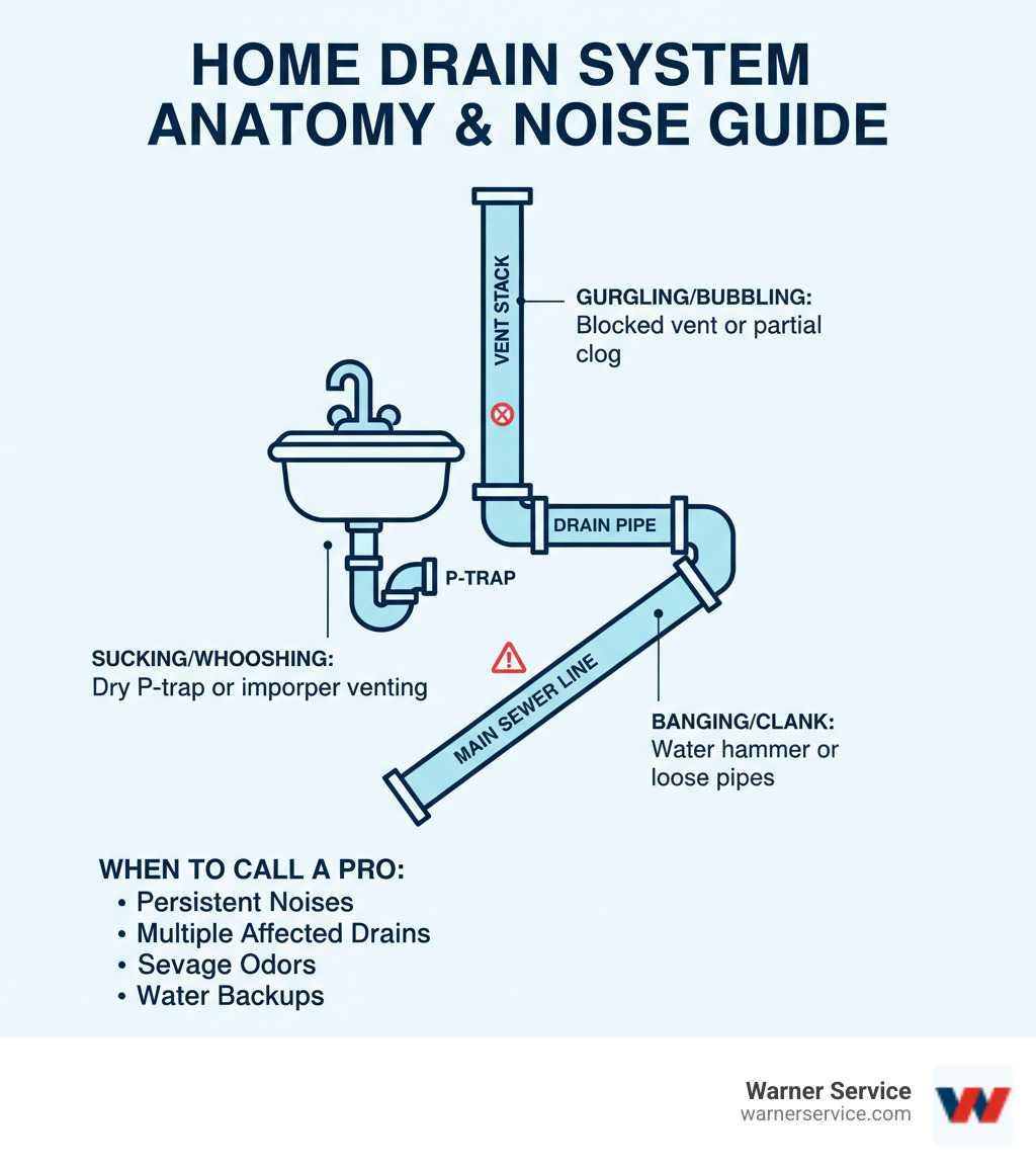 Infographic showing home drain system anatomy with labeled P-trap, vent stack, drain pipe, and main sewer line, plus common noise locations and what they indicate - drain cleaning making noise in libertytown md infographic 