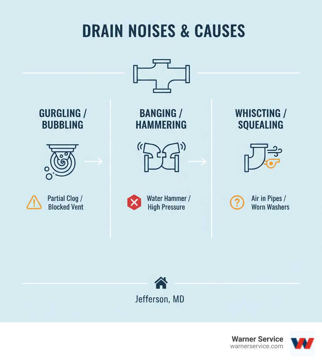 Infographic explaining the common types of drain noises and their likely causes - drain cleaning making noise in jefferson md infographic 