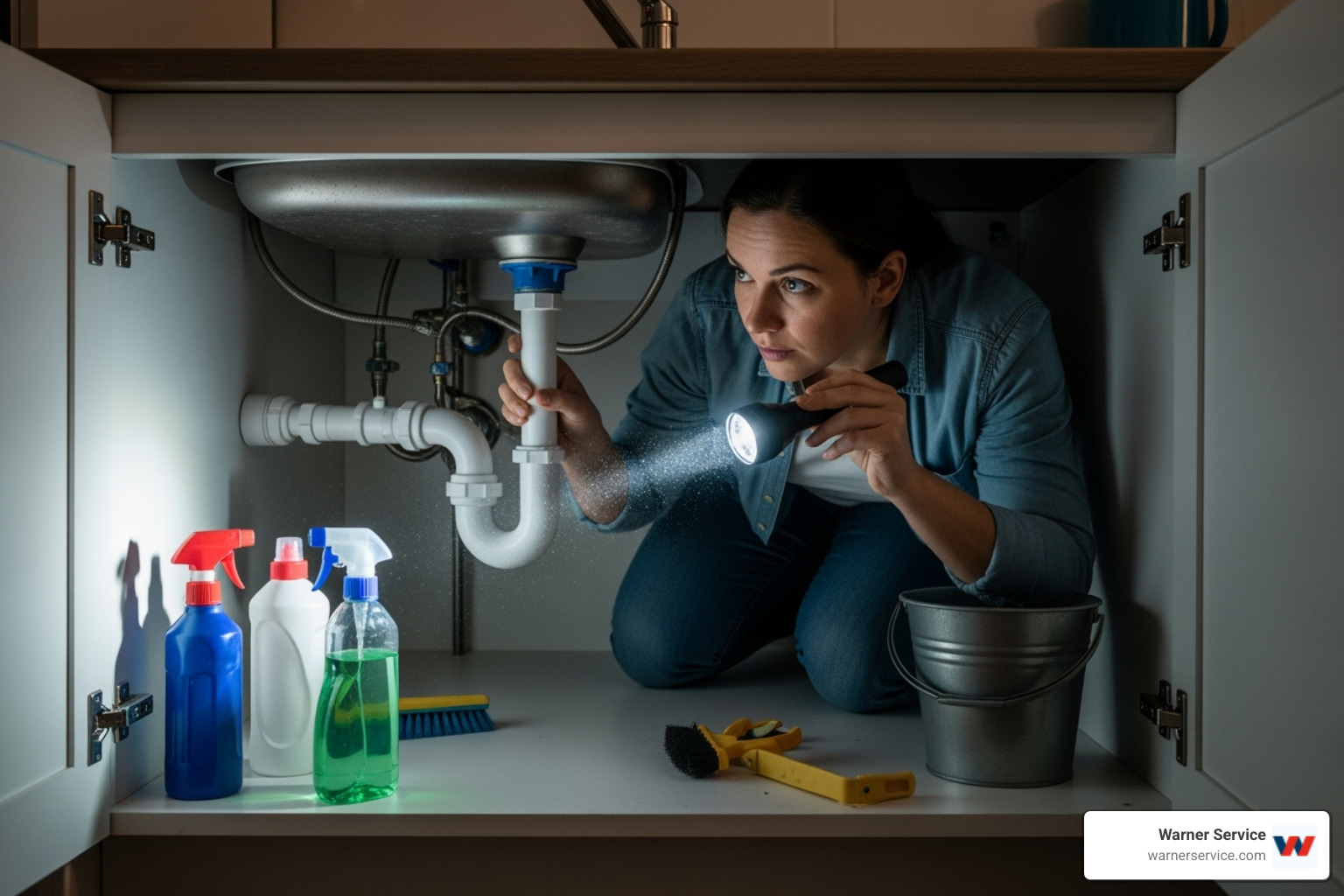 Homeowner looking under a sink with a flashlight - drain cleaning making noise in jefferson md