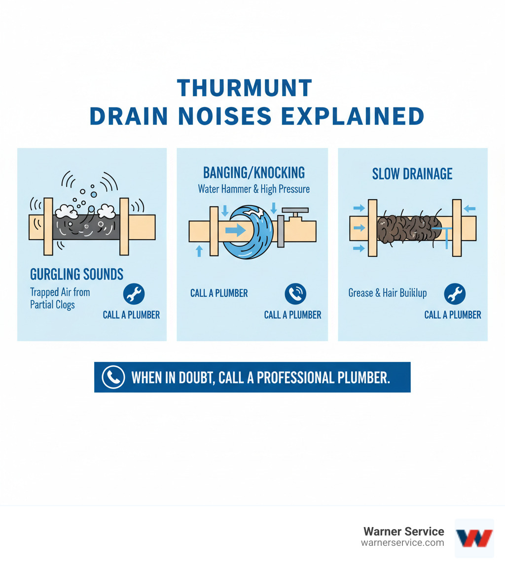 infographic showing cross-section of pipes with gurgling sounds caused by trapped air from partial clogs, banging sounds from water hammer and high pressure, and slow drainage from grease and hair buildup, with icons indicating when to call a professional plumber - drain cleaning making noise in thurmont md infographic 