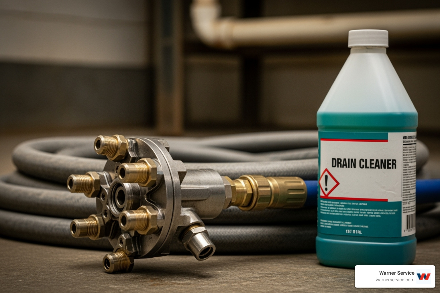 Professional plumber's hydro-jetting nozzle with a bottle of store-bought chemical drain cleaner - drain cleaning installation in ijamsville md