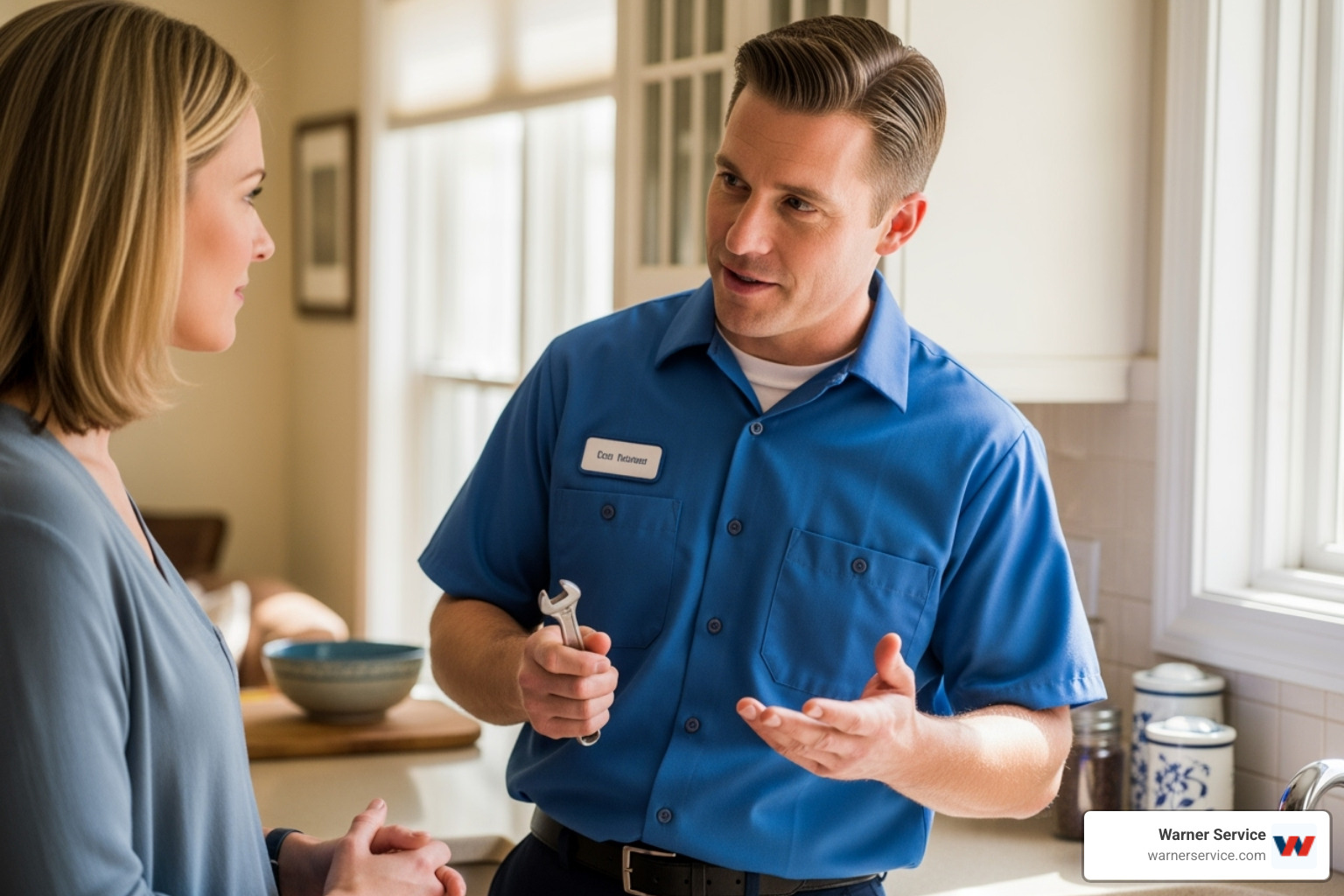 Friendly, uniformed plumber discussing a job with a homeowner - drain cleaning installation in ijamsville md