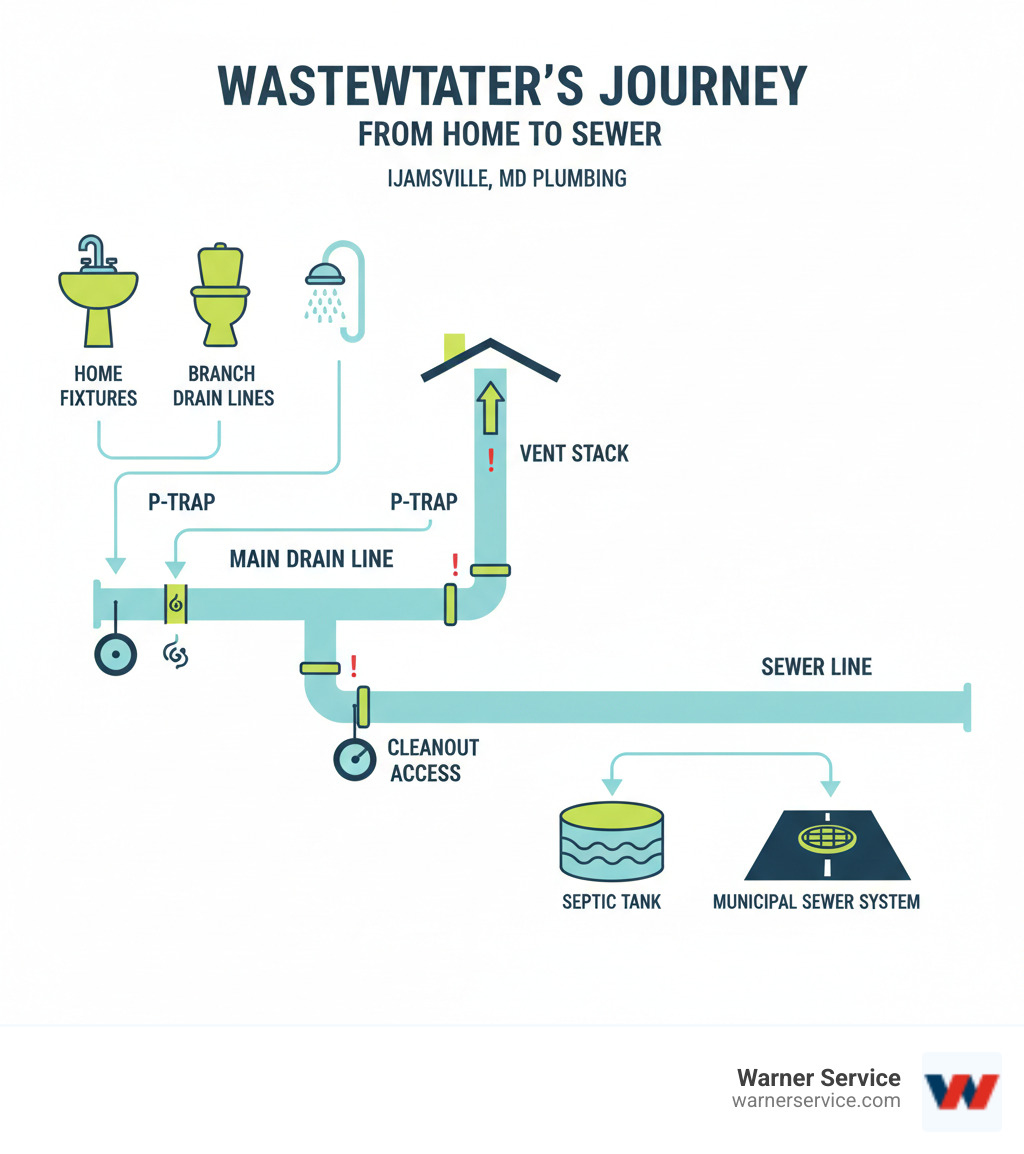Infographic showing the journey of wastewater from various home fixtures like sinks, toilets, and showers through branch drain lines, into the main drain line, then to the sewer line that connects to the municipal sewer system or septic tank, with labels for common problem areas like P-traps, vent stacks, and cleanout access points - drain cleaning installation in ijamsville md infographic 