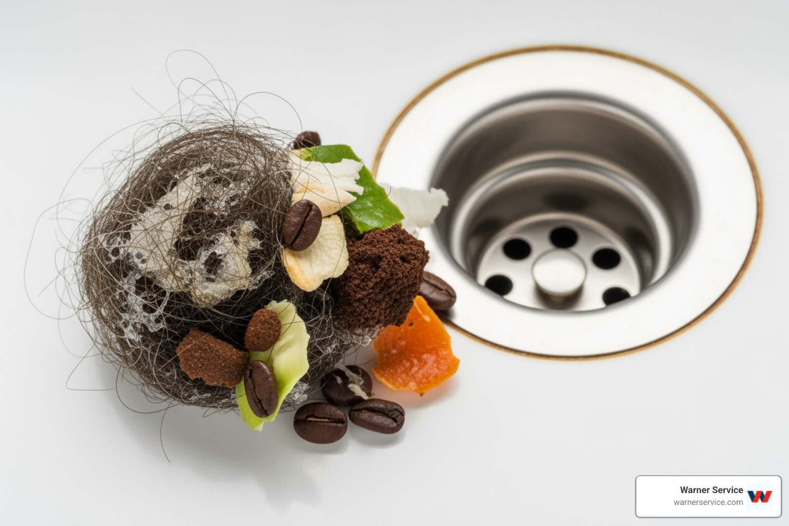 Common clog-causing items like a clump of hair, solidified grease, and food scraps next to a drain - drain cleaning installation in ijamsville md