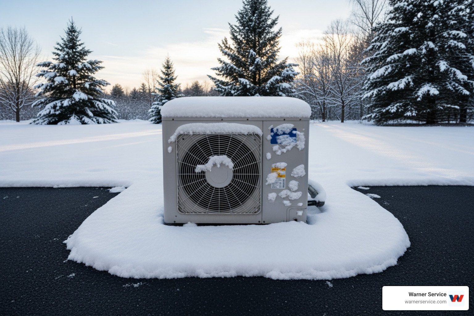 An outdoor heat pump unit covered lightly in snow, with a clear path around it, indicating winter conditions. - heating blowing cold air in ballenger creek md