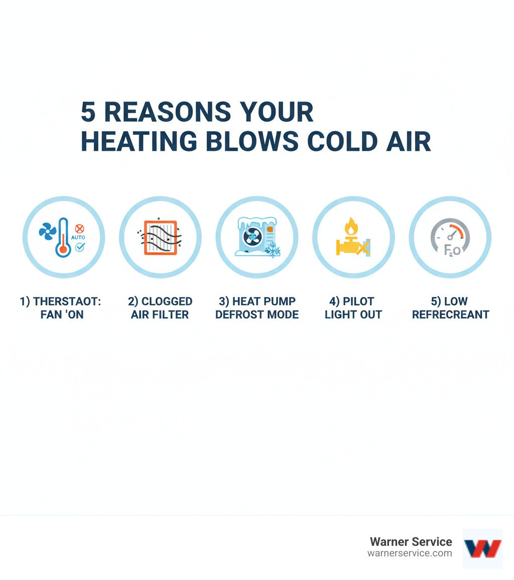 Infographic showing the 5 most common reasons a heating system blows cold air: 1) Thermostat set to fan "ON" instead of "AUTO" with icon of thermostat, 2) Clogged air filter restricting airflow with icon of dirty filter, 3) Heat pump in defrost mode with icon of outdoor unit with ice, 4) Pilot light extinguished on gas furnace with icon of pilot light, 5) Low refrigerant levels with icon of refrigerant gauge - heating blowing cold air in ballenger creek md infographic 