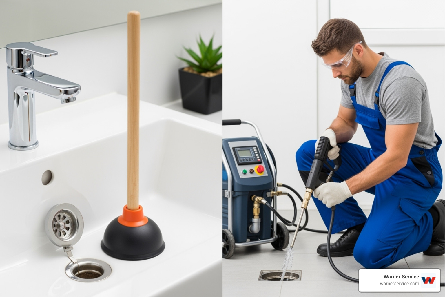 Image of a split screen showing a simple plunger on one side and a professional plumber with a hydro-jetter on the other. - drain cleaning making noise in brunswick md