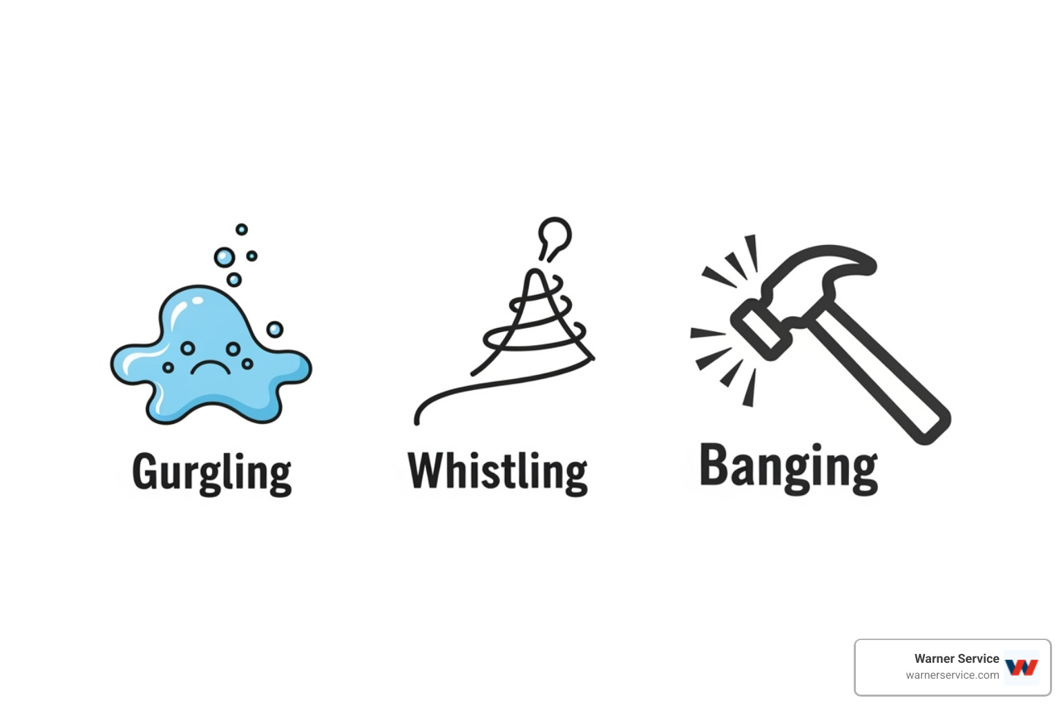 Image of three icons representing gurgling, whistling, and banging sounds. - drain cleaning making noise in brunswick md