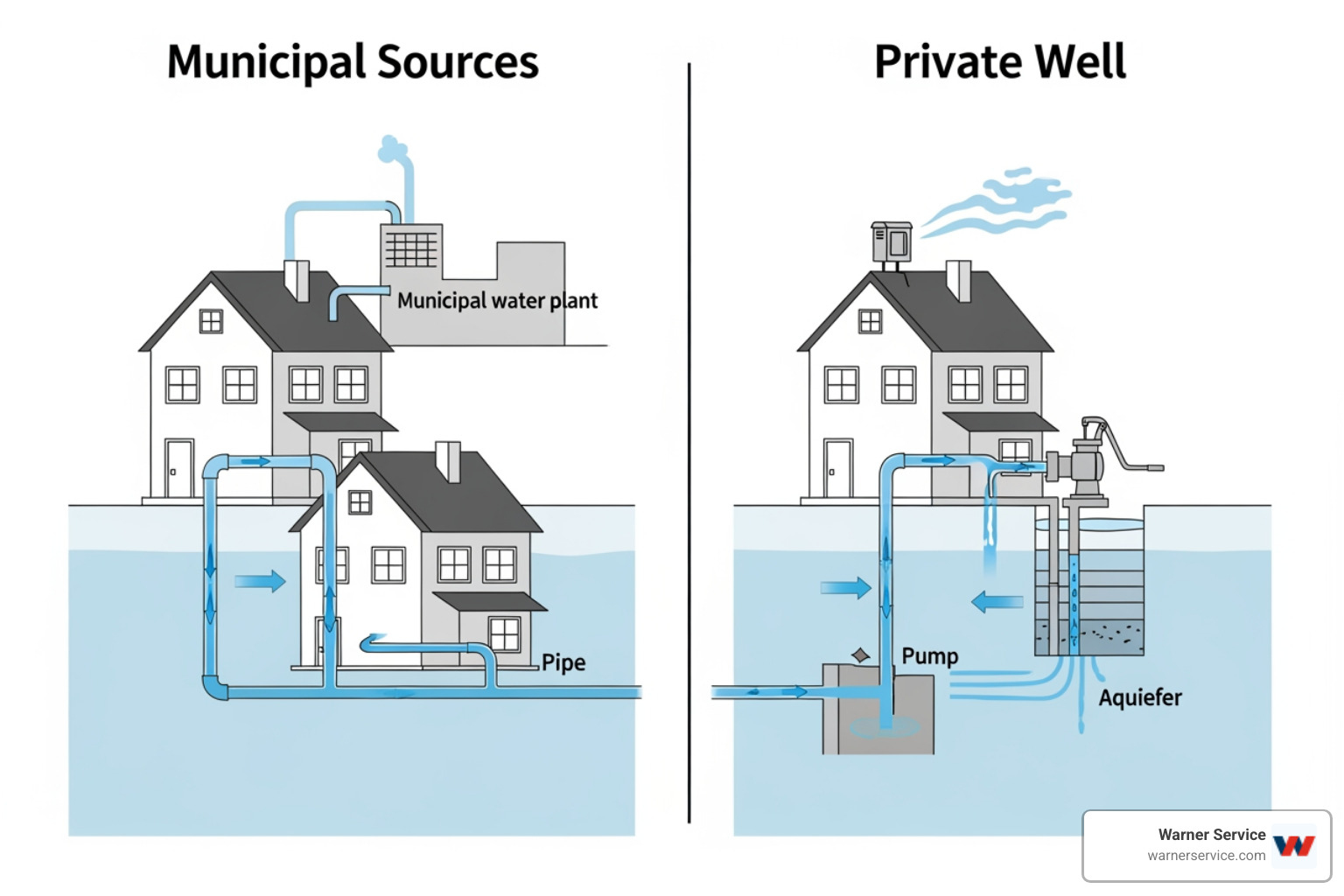 diagram showing the difference between a municipal water line and a private well system - Who installs home drinking water systems in Frederick, MD?"