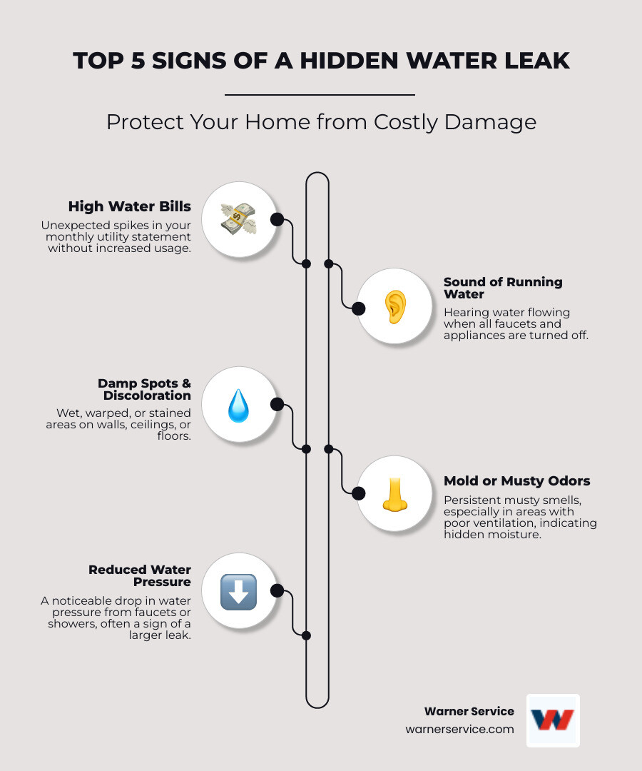 infographic showing top 5 signs of hidden water leaks: unexplained high water bills, sound of running water when fixtures are off, damp or discolored spots on walls and ceilings, mold or musty odors, and reduced water pressure throughout the home - "I think I have a hidden water leak. Who offers a leak detection service in Leesburg, VA?" infographic infographic-line-5-steps-elegant_beige