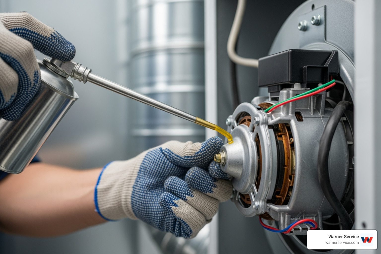 Technician lubricating blower motor - heating making noise in middletown md