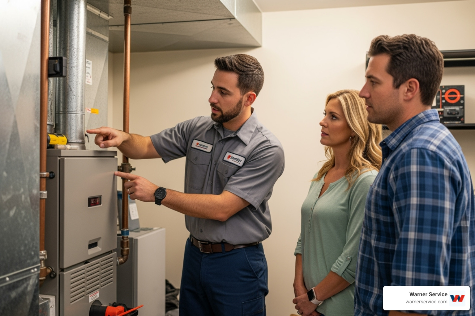 HVAC technician inspecting furnace with homeowner - heating making noise in middletown md